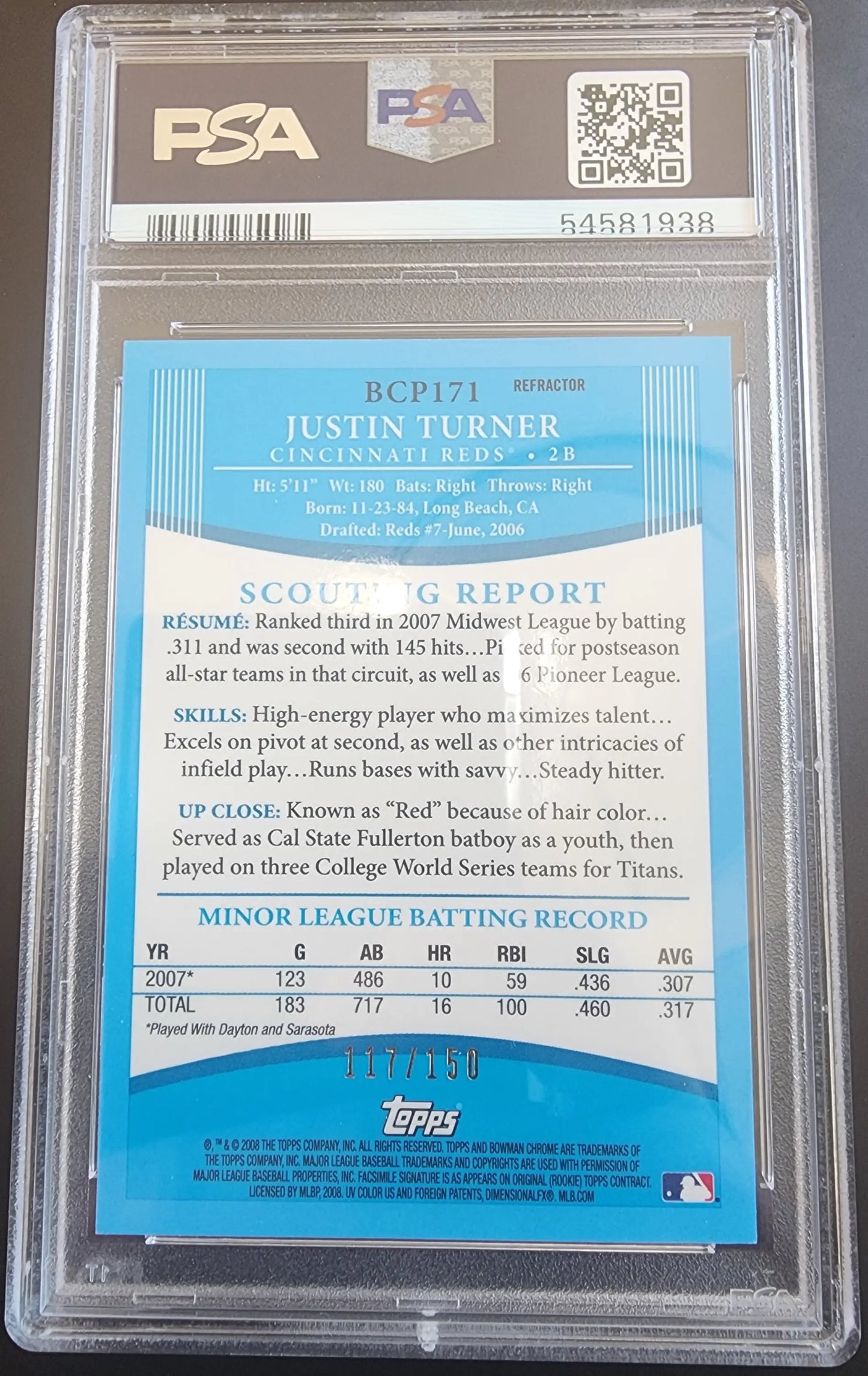 PSA-graded Justin Turner 2008 Bowman Chrome Blue Refractor in protective case