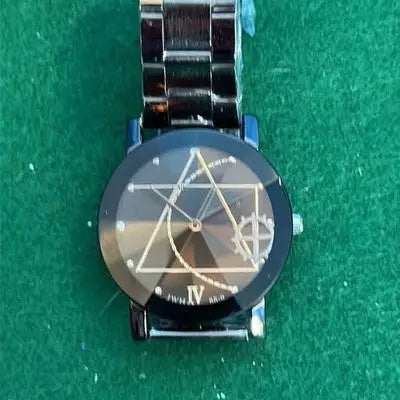 Dark-faced men’s wristwatch with metal band and geometric design in stainless steel