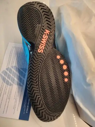 Black K-Swiss Ultrashot shoe sole in aqua blue for tennis, size 13, new in box
