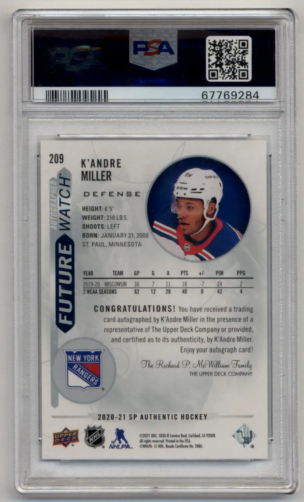 K’Andre Miller 2020-21 SP Authentic #209 Auto Inscription 005/999 PSA 10 Gem Mint Auto 10 - Singles