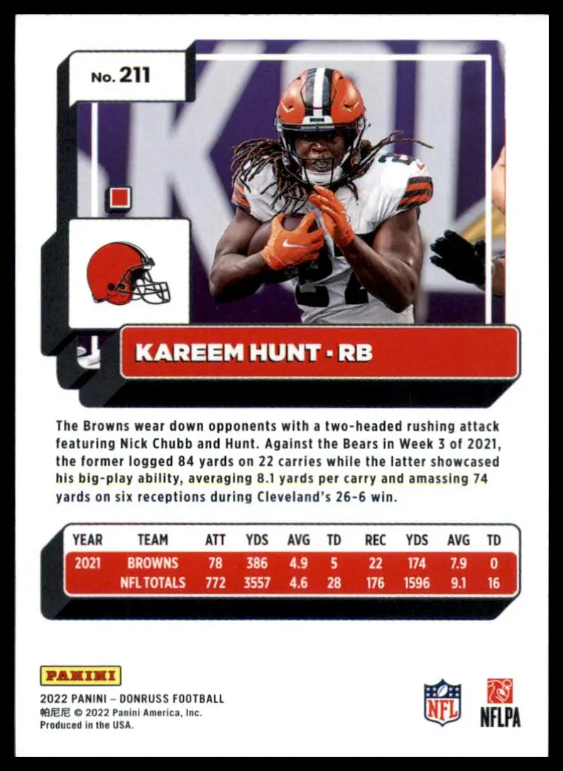 Kareem Hunt football card from 2022 Donruss series featuring Cleveland Browns player