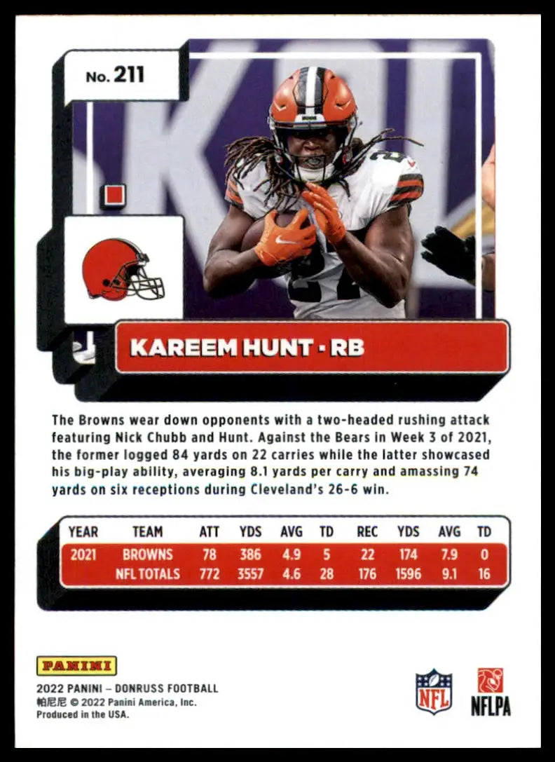 Kareem Hunt 2022 Donruss football card showcasing Kareem Hunt of the Cleveland Browns