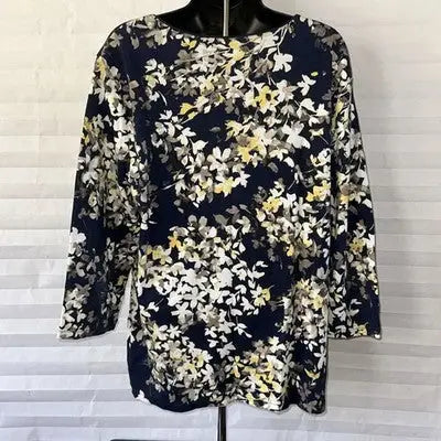 Karen Scott women’s dark blue floral boat-neck blouse with three-quarter sleeves