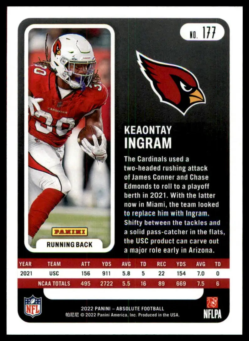 Keaontay Ingram football card from Panini Absolute 2022 Arizona Cardinals series