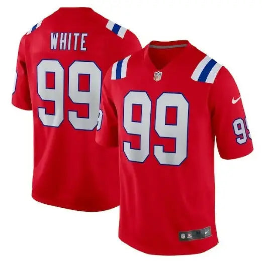 Red Keion White New England Patriots Nike jersey with white number 99 and blue and white shoulder stripes