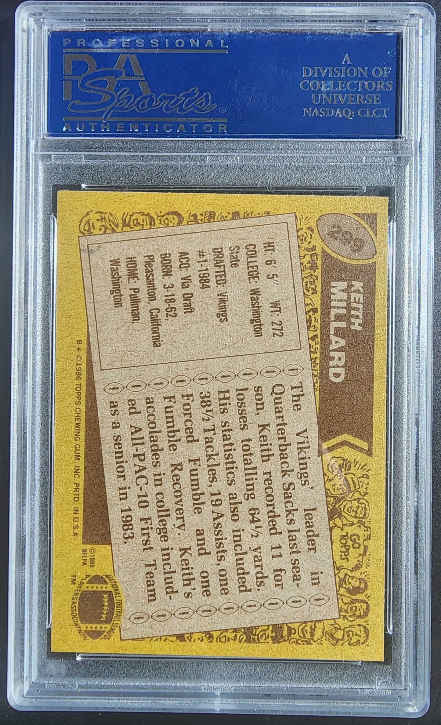 Graded Keith Millard 1989 Topps football card in PSA 9 Mint condition