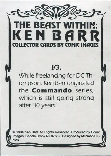 Collector card showcasing Ken Barr and his Commando series work, a rare foil chase card