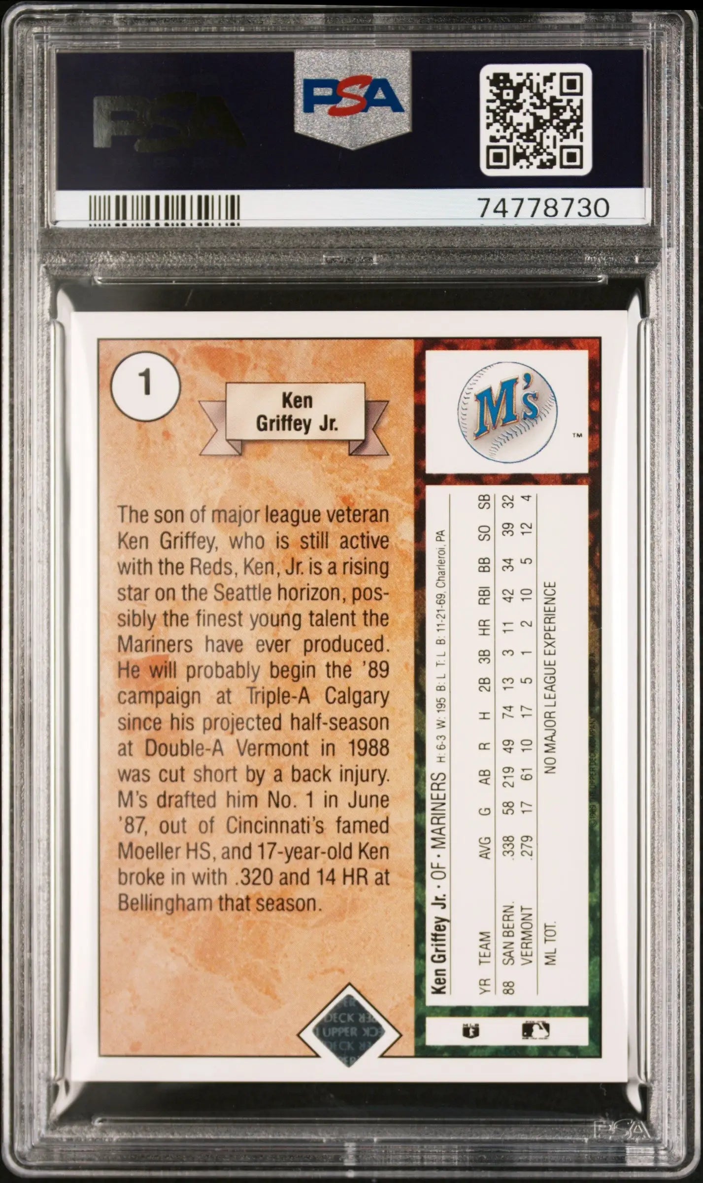 Back side of Ken Griffey Jr. 1989 Upper Deck trading card in PSA grading holder