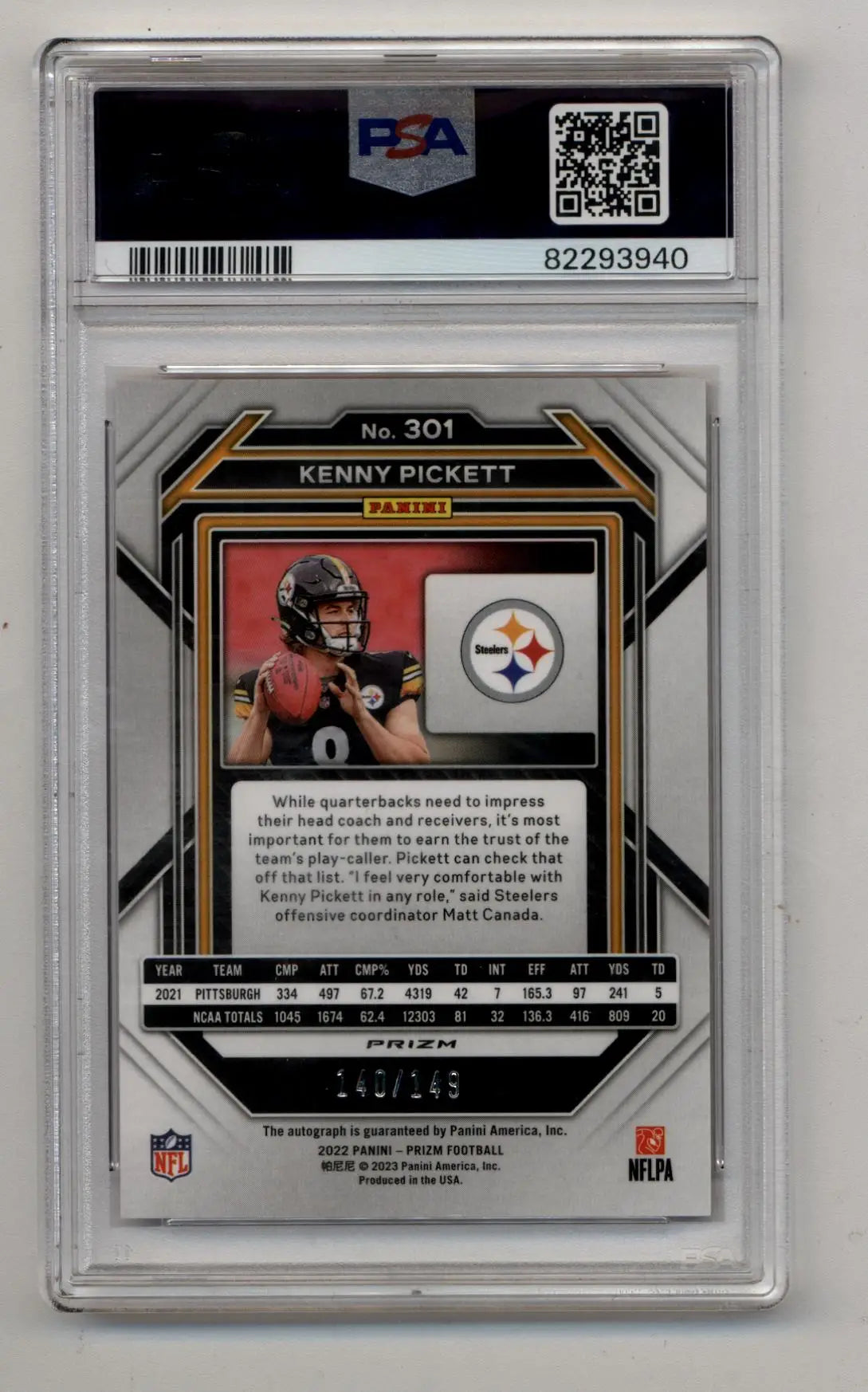 Kenny Pickett 2022 Prizm Red Wave Auto140/149 PSA 10 Gem Mint Auto 10 - Singles