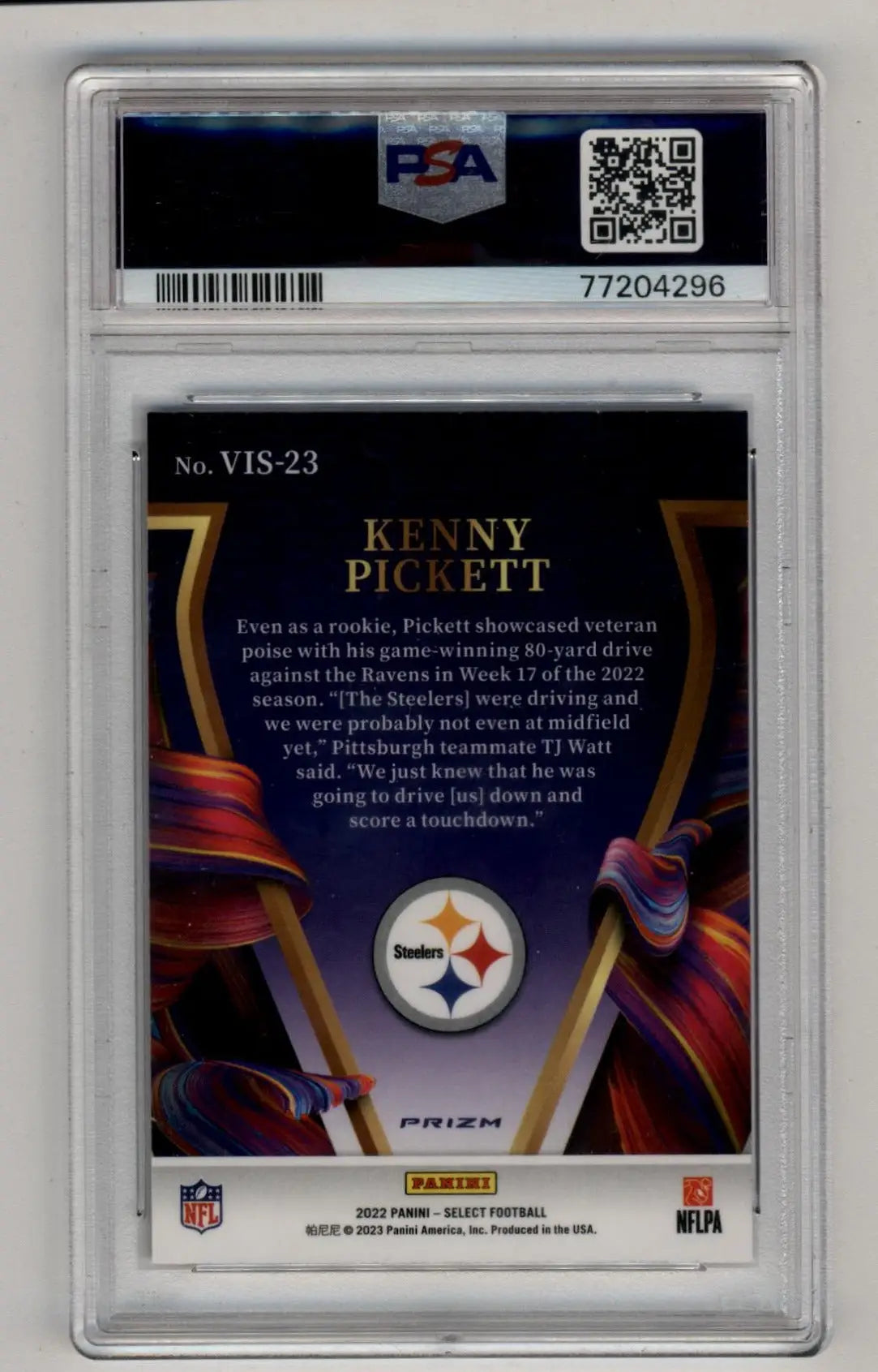 PSA-graded Kenny Pickett 2022 Select Visionary card with Pittsburgh Steelers logo