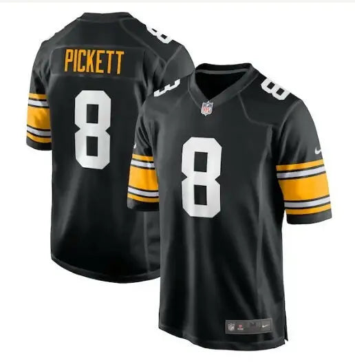 Black and gold Pittsburgh Steelers Kenny Pickett NFL jersey with number 8 and Picket on back
