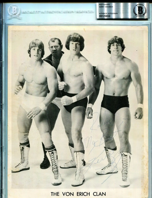 Framed autographed Kerry Von Erich Clan photo, BAS Authentic 8x10 collectible display