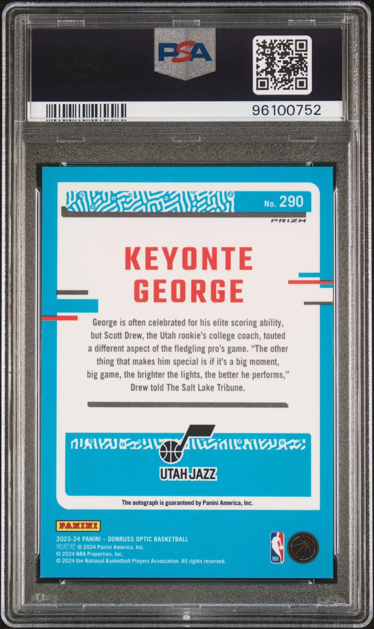 Back of Keyonte George 2023 Donruss Optic Fast Break Auto in PSA 9 case with blue border