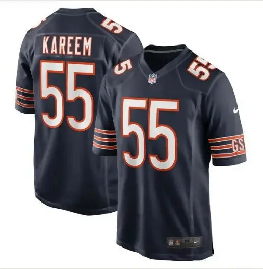Navy blue Khalid Kareem Chicago Bears Nike football game jersey on display