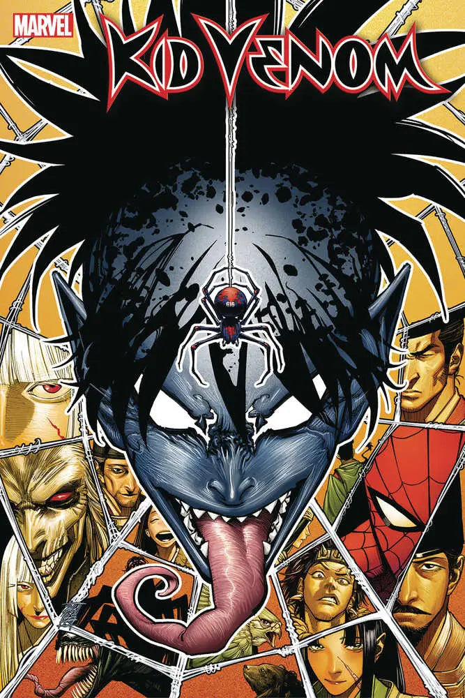 Menacing dark symbiote creature from Kid Venom trading cards with long tongue and grin