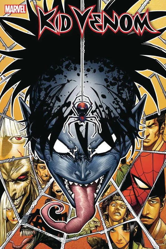 Menacing dark symbiote creature from Kid Venom trading cards with long tongue and grin