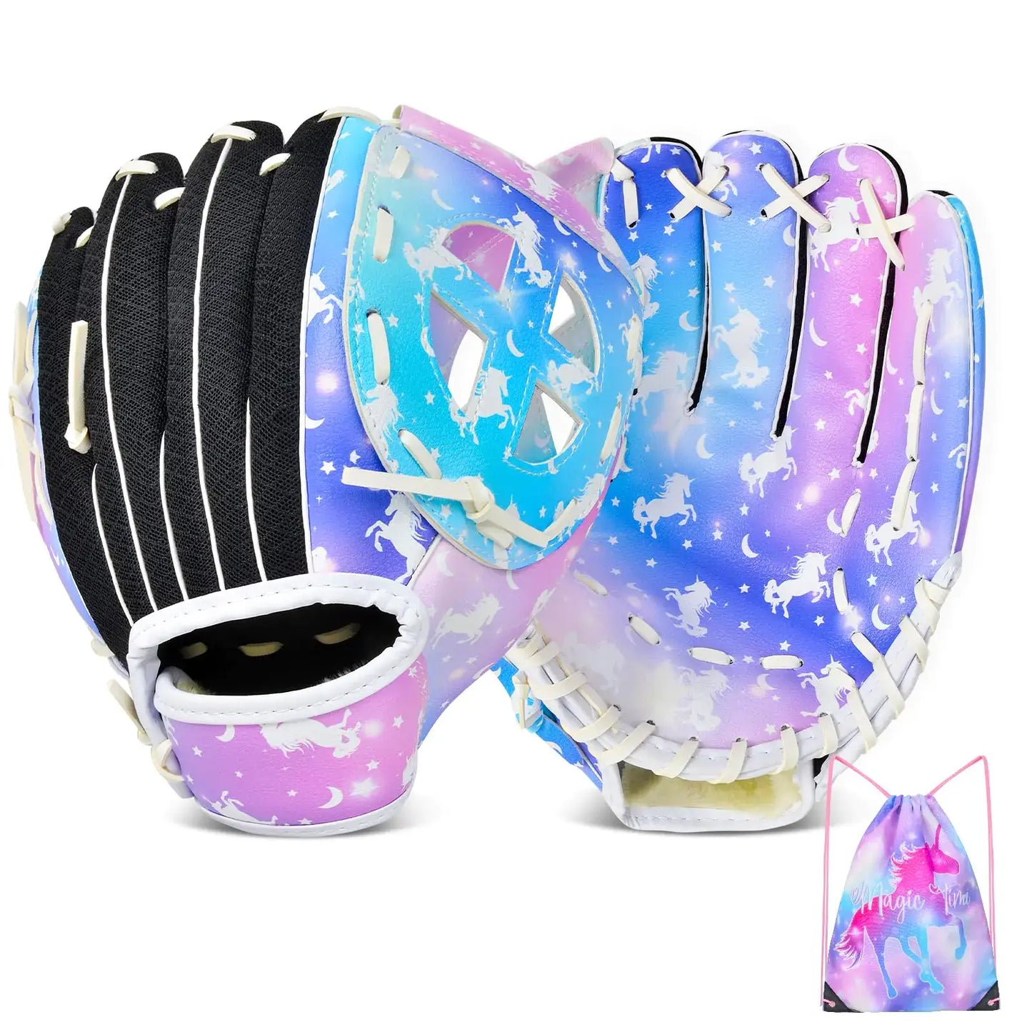 Kids baseball glove with unicorn design and matching drawstring bag for training