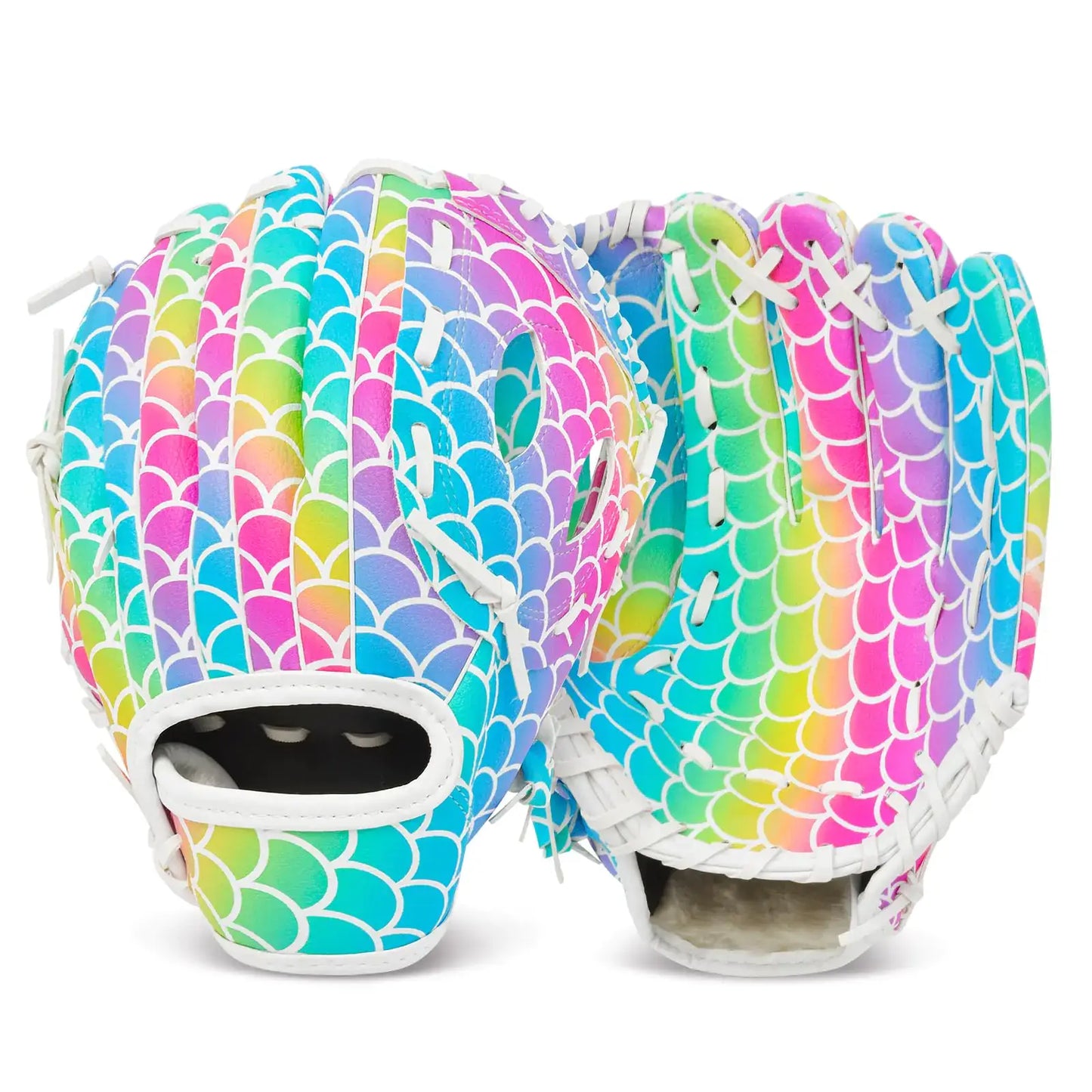 Rainbow mermaid-scale kids baseball glove for girls and toddlers, right or left hand use