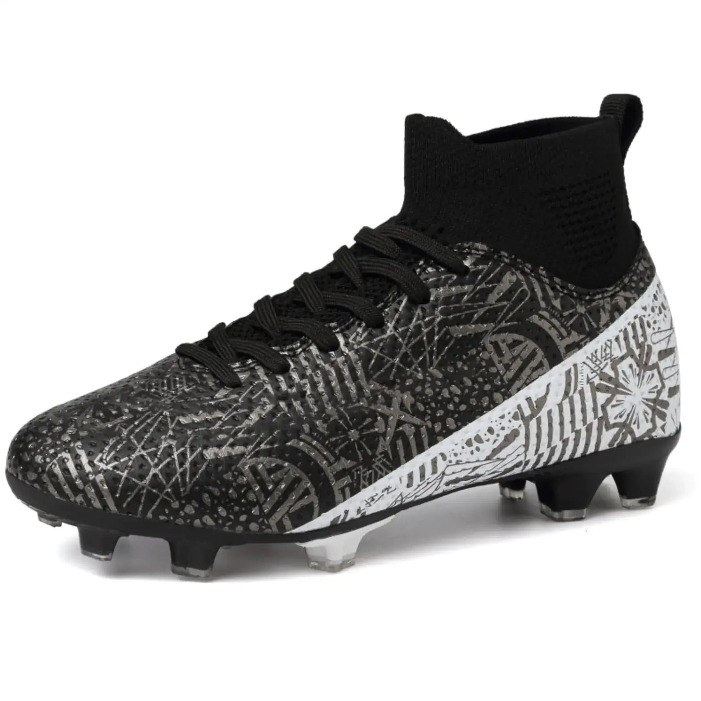 Black and silver soccer shoes suitable for boys, girls, and youth football and soccer training