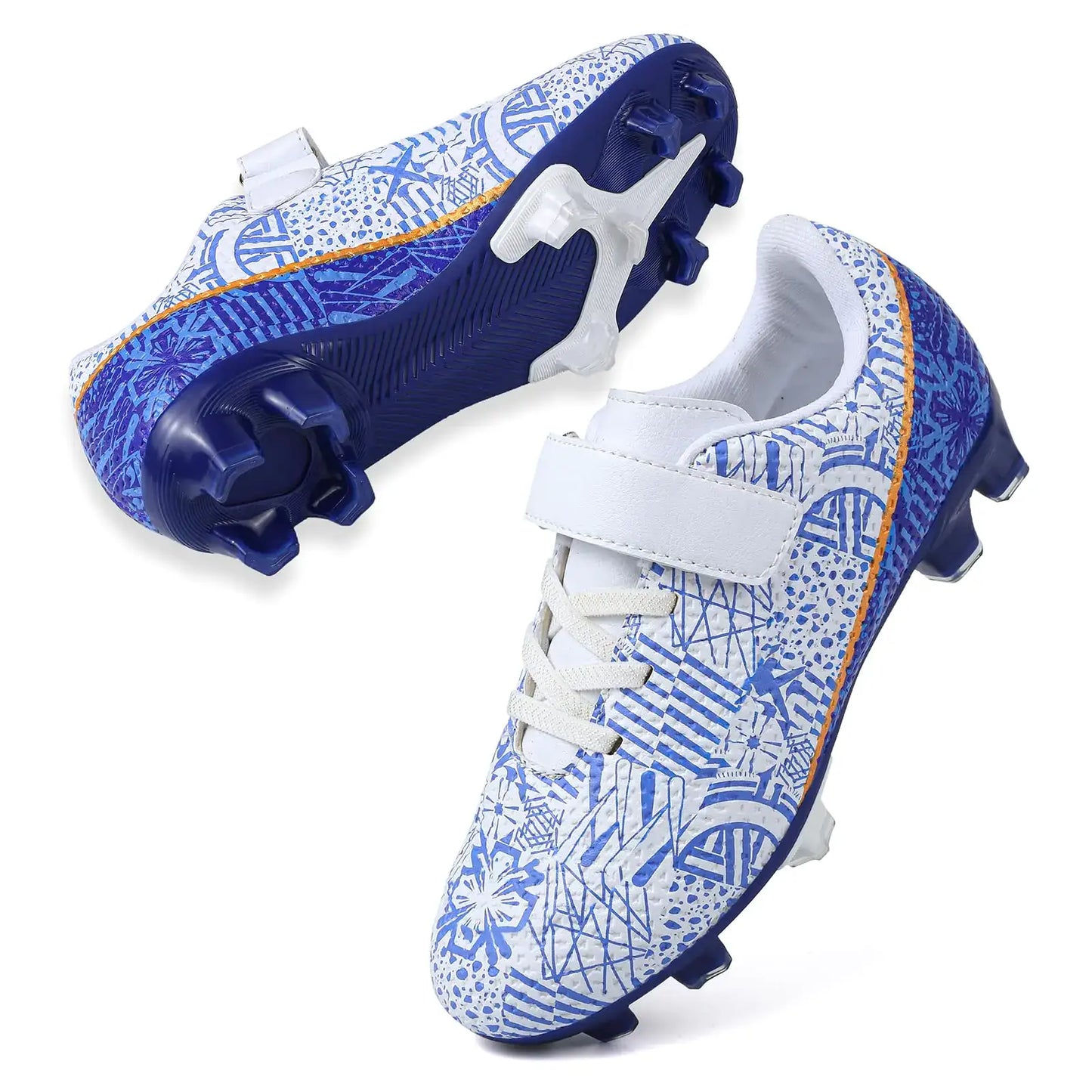 Blue and white patterned kids soccer cleats with soft cushioning outsole for outdoor indoor play