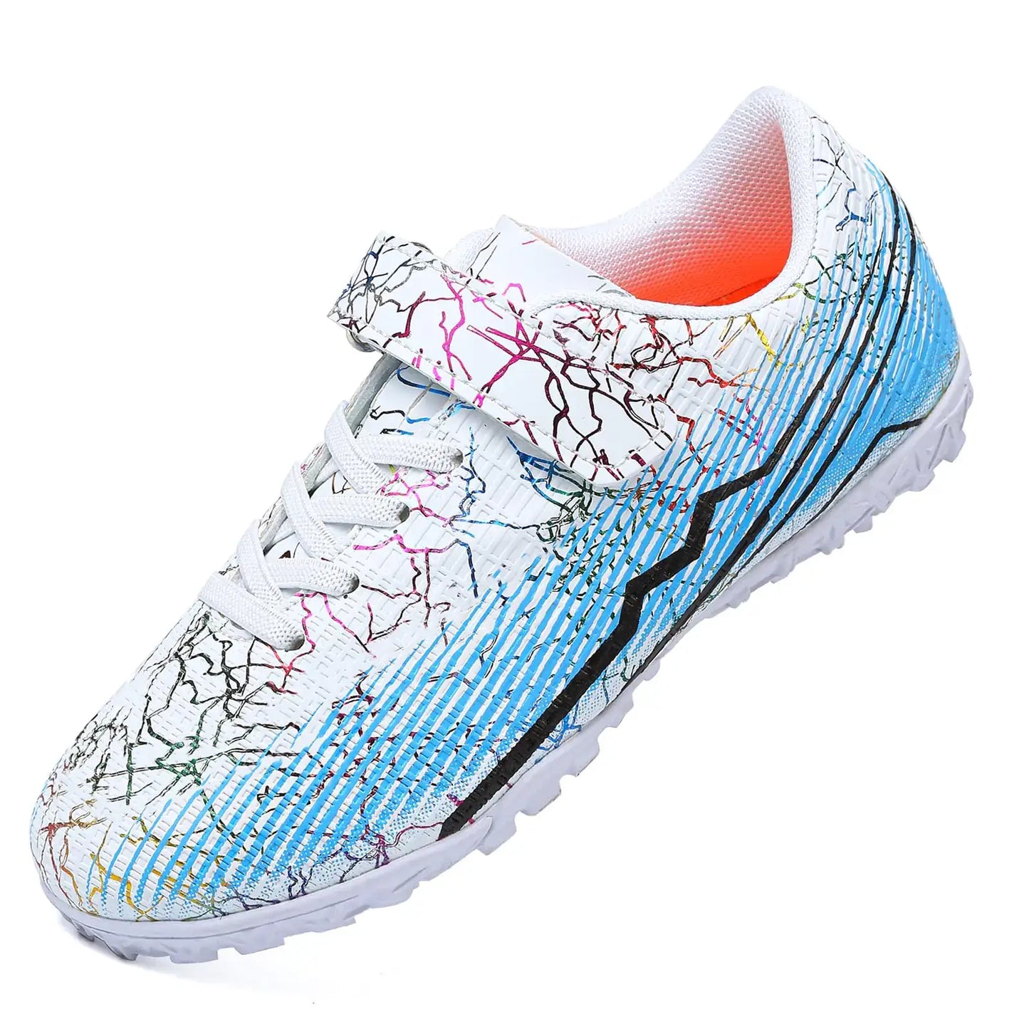 White and blue patterned soccer shoes suitable for kids boys girls football and indoor play