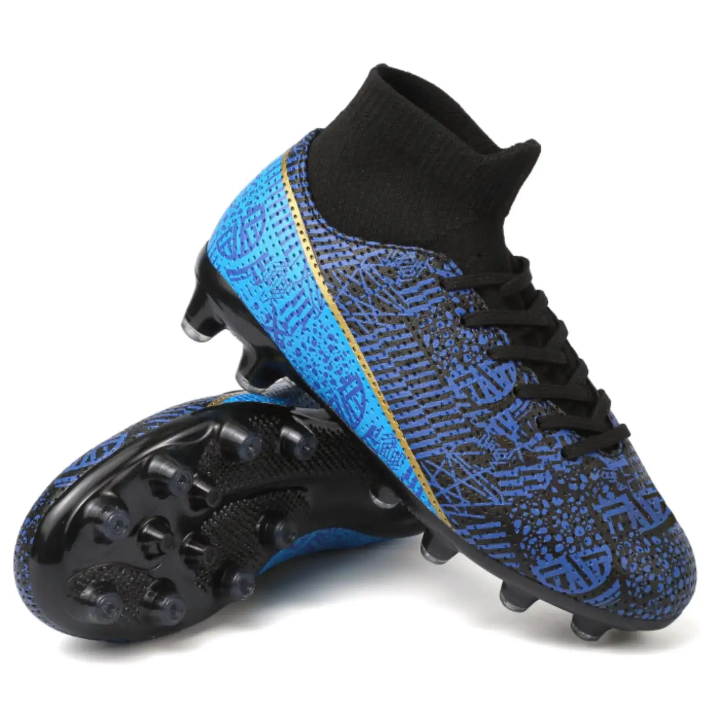 Blue and black kids soccer shoes suitable for football, indoor, outdoor, and baseball