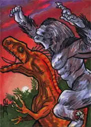 Fierce battle of a gray werewolf and orange dinosaur in Adam Cleveland sketch card
