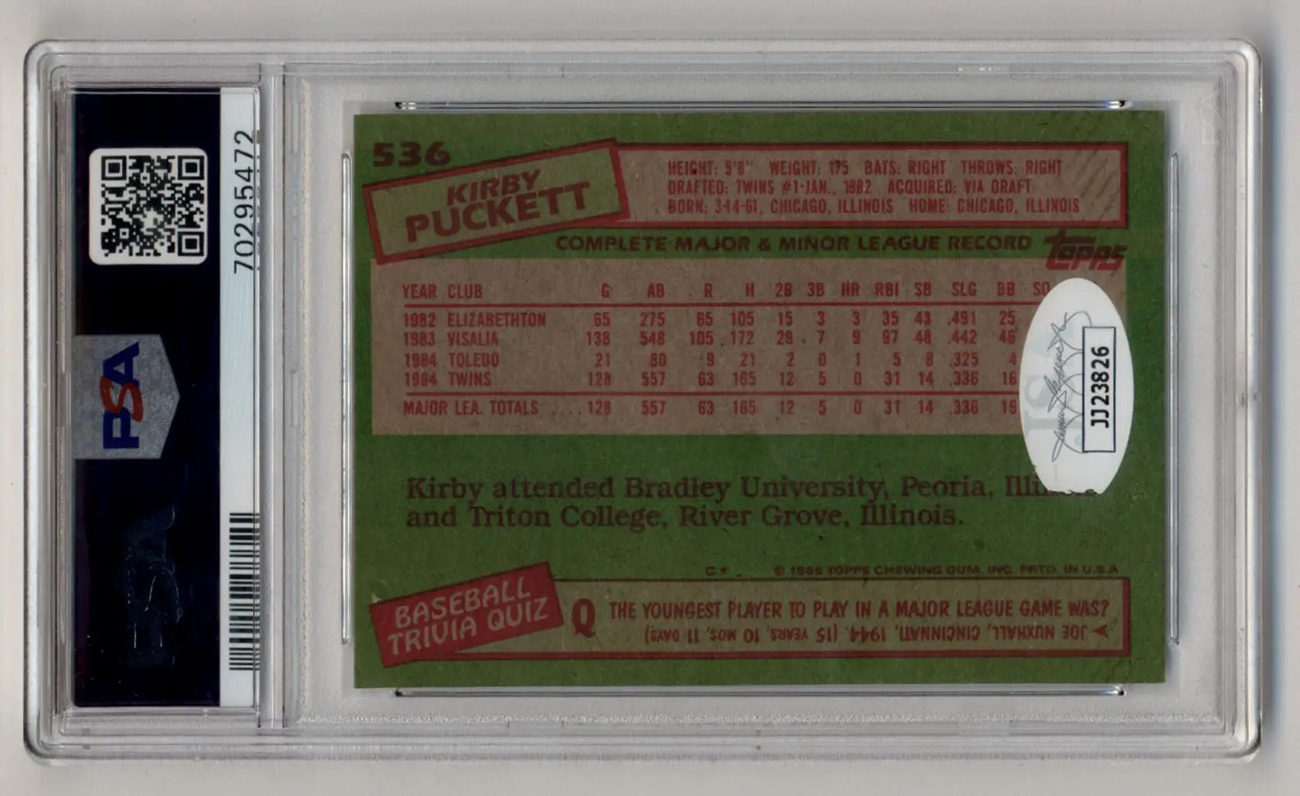 Graded Kirby Puckett 1985 Topps Rookie card with certified auto and PSA 8.5 grade