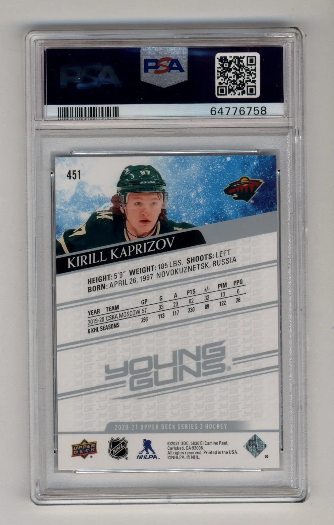PSA-graded Kirill Kaprizov 2020-21 Upper Deck Young Gun Rookie #451 with snowy background