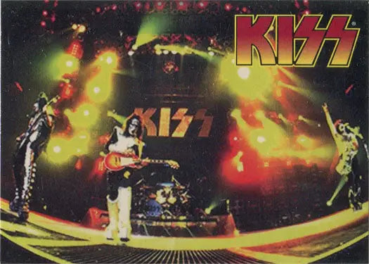 Rock band KISS performing live in costume featured on a Kiss Series 2 promo card