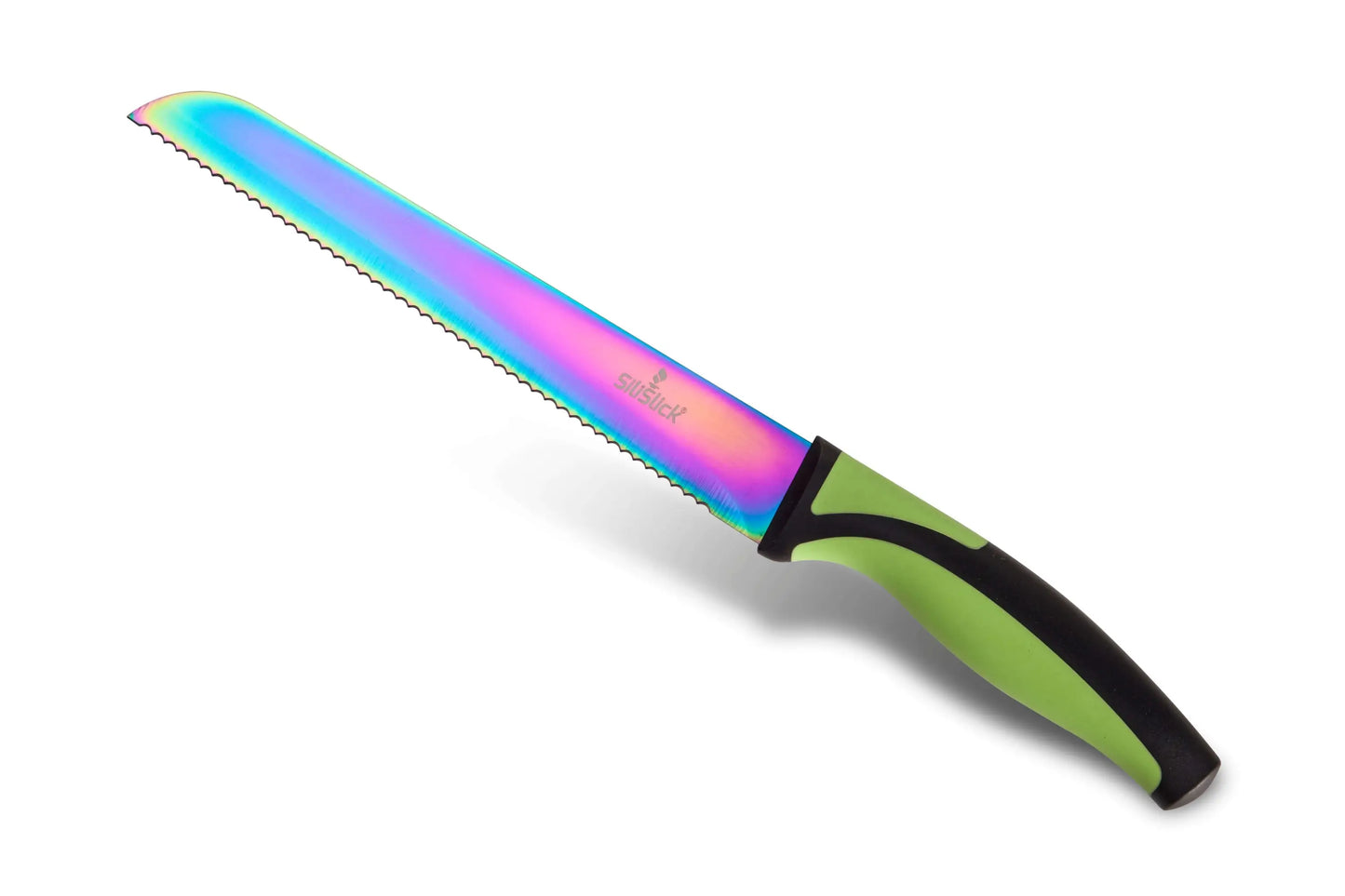 Rainbow-colored serrated bread knife with green and black handle from Kitchen Knife Set, food grade stainless steel