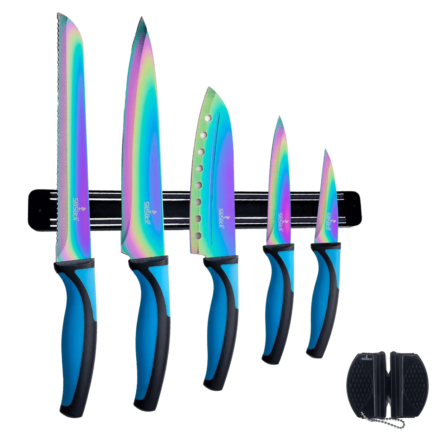 Colorful iridescent kitchen knife set kit with blue handles, black magnetic rack and sharpener