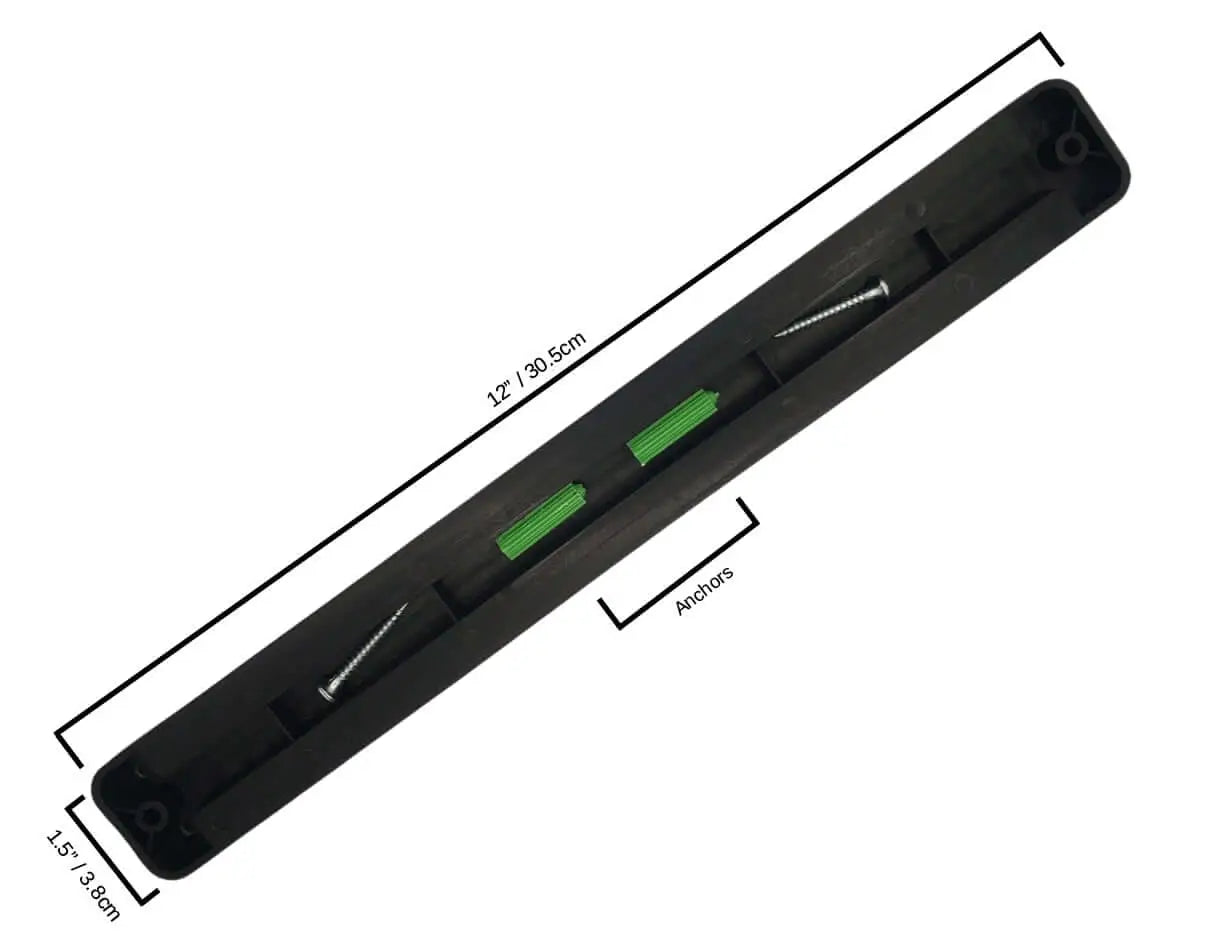 Black plastic wall-mount channel with screws and anchors for kitchen knife set kit
