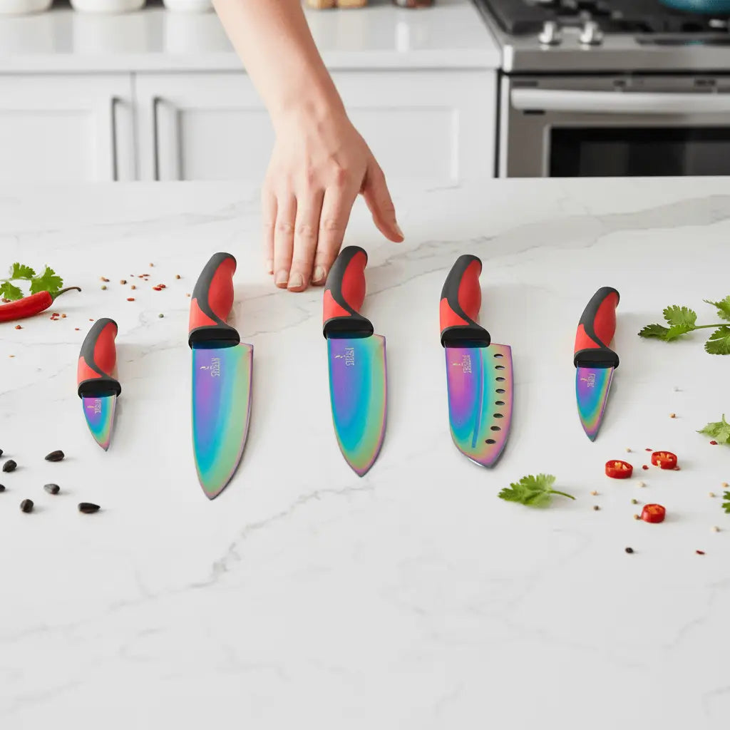 Kitchen Knife Set - Titanium Coated Blades - Red Handles - Kitchen Knife Set
