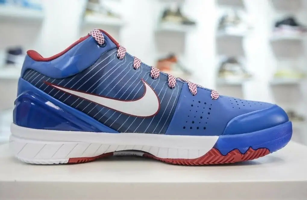 Blue Nike Kobe 4 Protro Philly basketball shoe with white and red accents for fast shipping