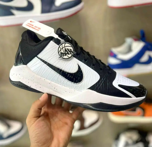 Black and white Nike Kobe 5 Protro Panda basketball shoe with speckled midsole, fast shipping