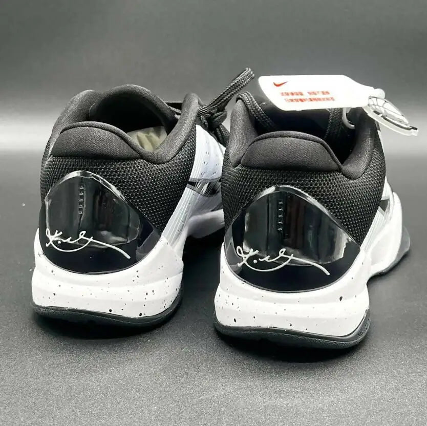Kobe 5 Protro Panda athletic shoes with speckled soles and signature heel detail, fast shipping