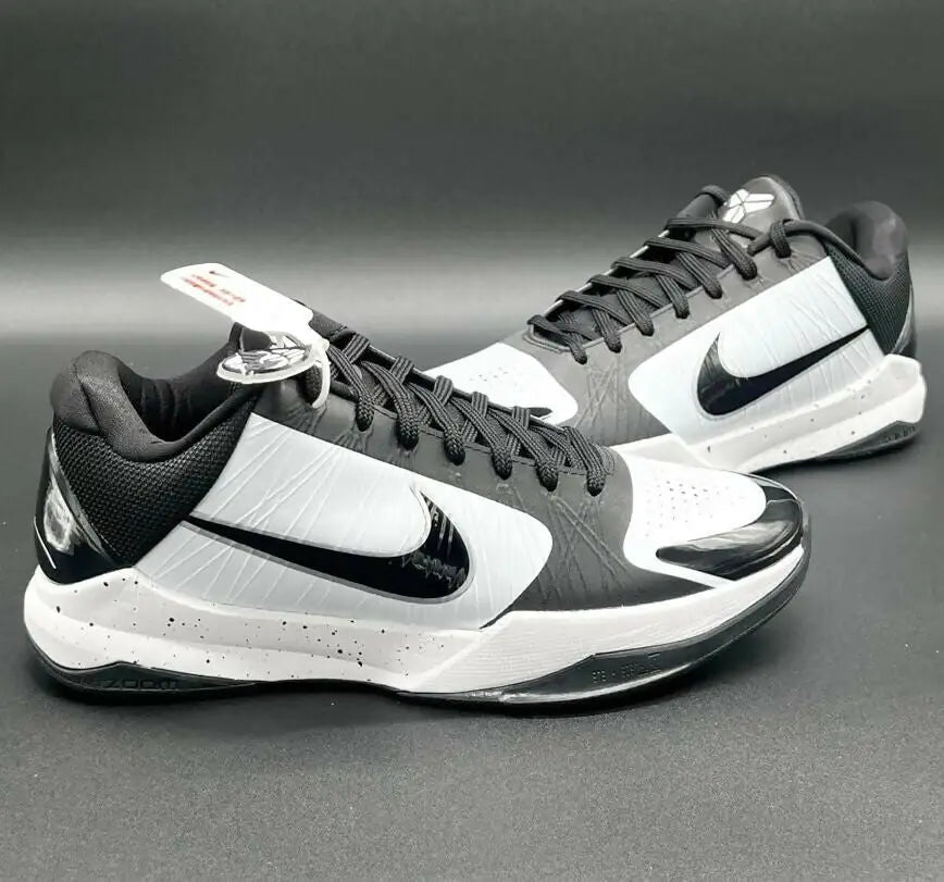 Kobe 5 Protro Panda basketball shoes with black and white design and speckled soles