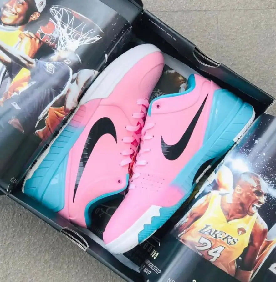 Pink and blue Nike Kobe 6 Demar Derozan basketball shoes with black swoosh, fast shipping