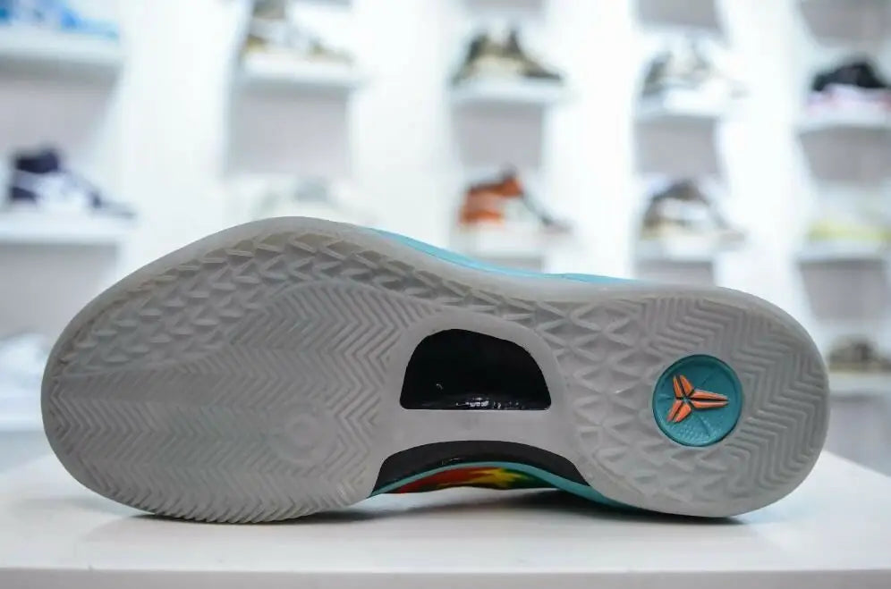 Grey and blue Kobe 8 Protro Venice Beach 2024 basketball shoe sole with orange Kobe Bryant logo, fast shipping