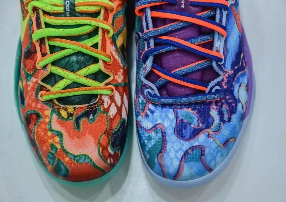 Vibrant mismatched Kobe 8 Protro athletic shoes with intricate patterns, fast shipping