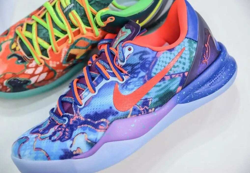Vibrant multi-colored Kobe 8 Protro athletic shoes with intricate patterns, fast shipping