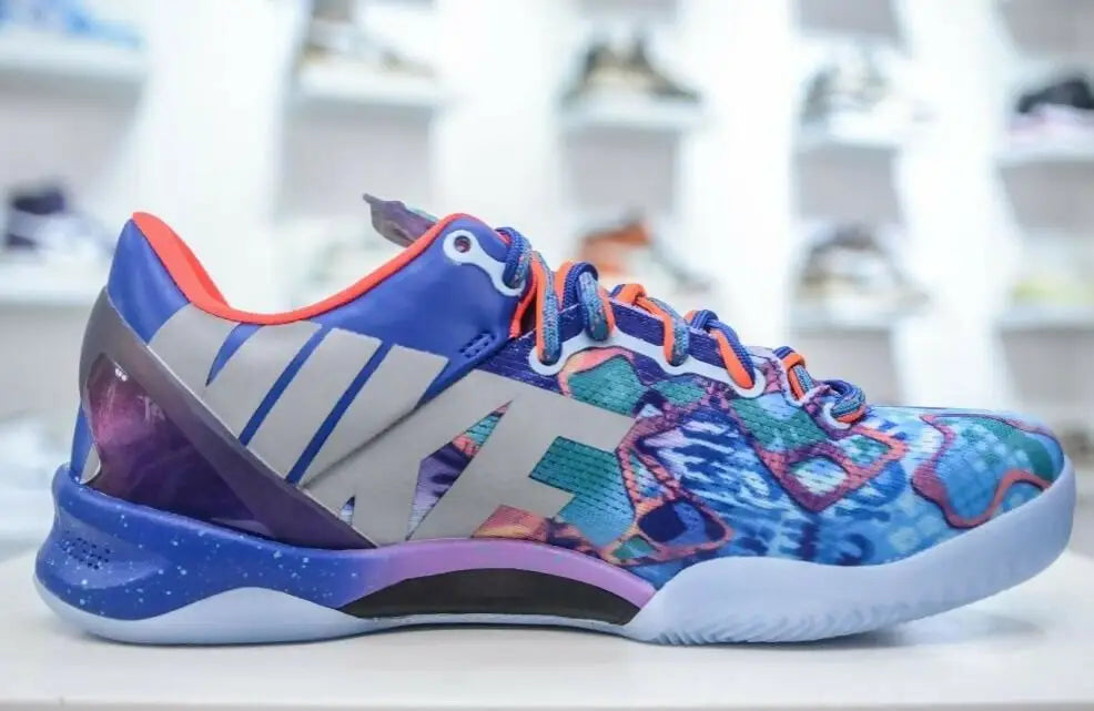 Vibrant Kobe 8 Protro athletic shoe with tie-dye toe and solid blue heel for fast shipping