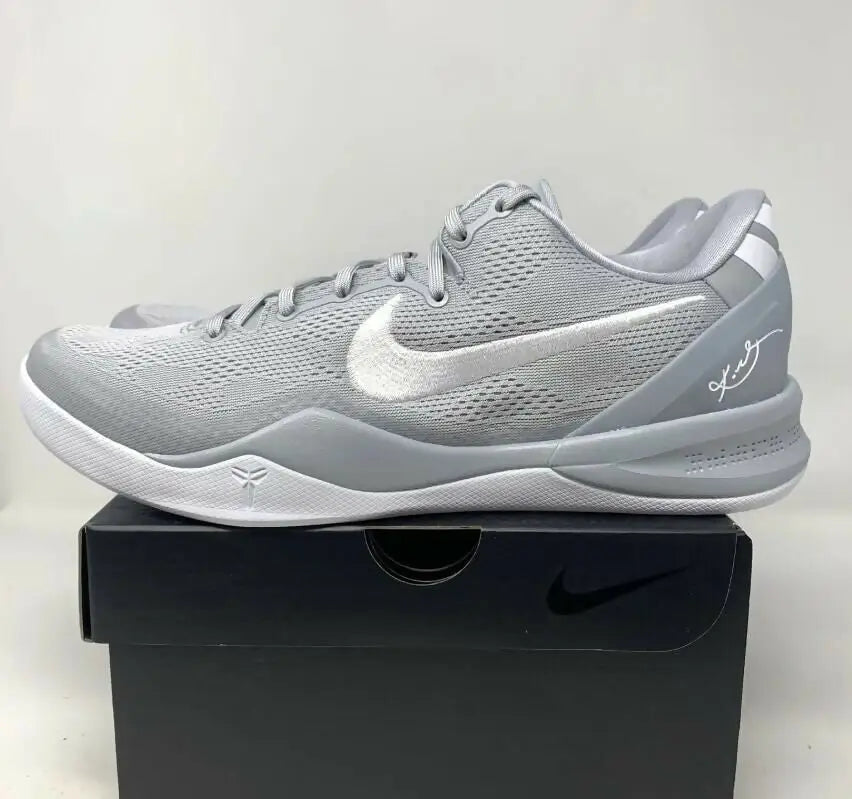 Kobe 8 Protro Wolf Grey athletic shoe with white accents and black shoebox for fast shipping