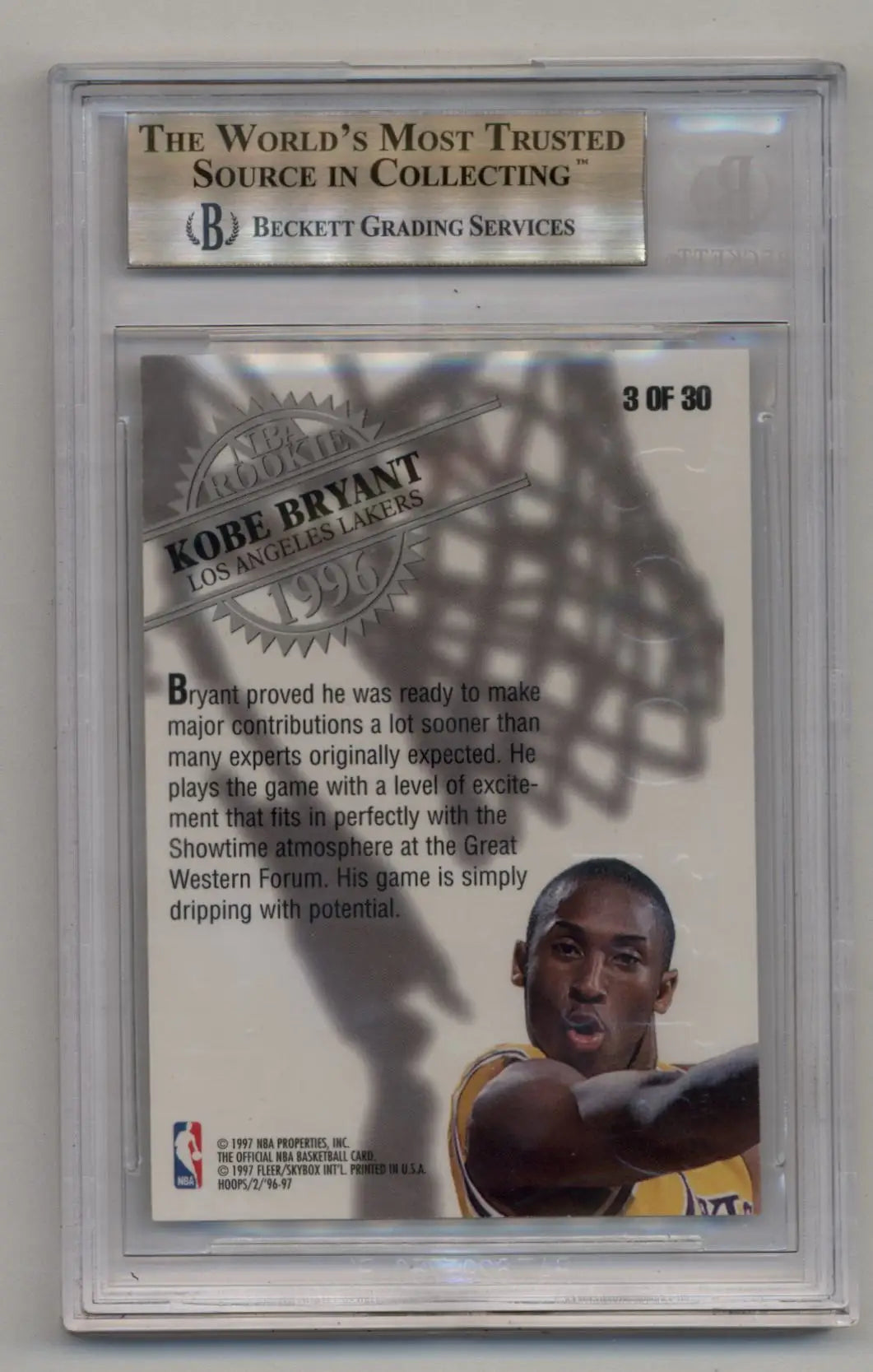 Graded Kobe Bryant Hoops Rookies card in protective case, BGS 9.5 Gem Mint condition