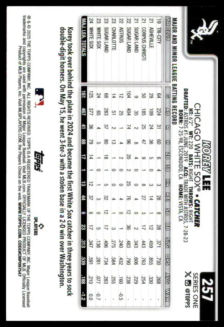 Korey Lee baseball card from 2025 Topps #257 Chicago White Sox