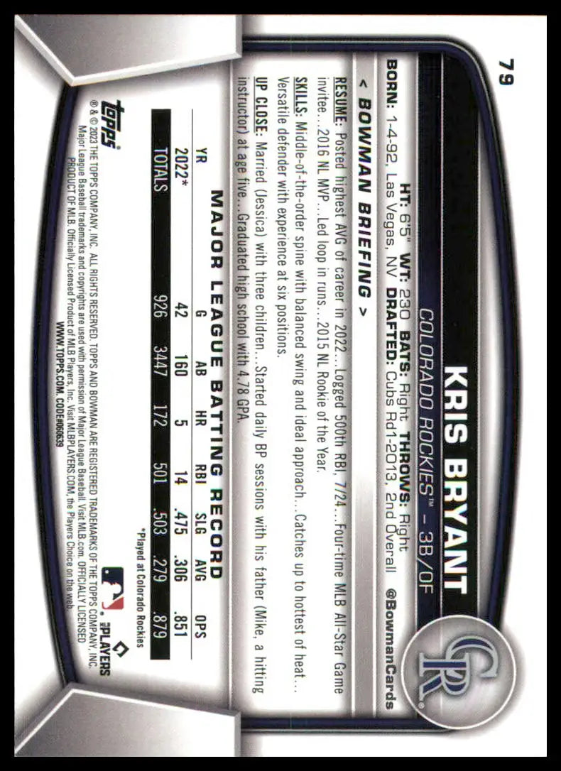 Kris Bryant baseball card from 2023 Bowman Series showcasing Kris Bryant with Colorado Rockies
