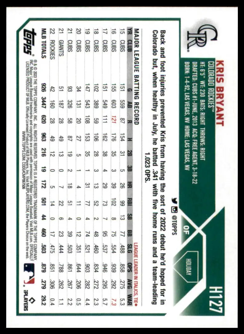 Kris Bryant 2023 Topps Holiday Metallic baseball card featuring Kris Bryant Colorado Rockies
