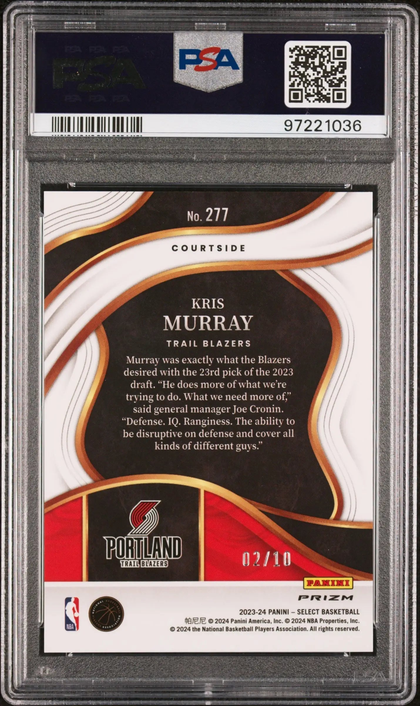Kris Murray Panini Select graded gold Tectonic trading card Gem Mint PSA 10