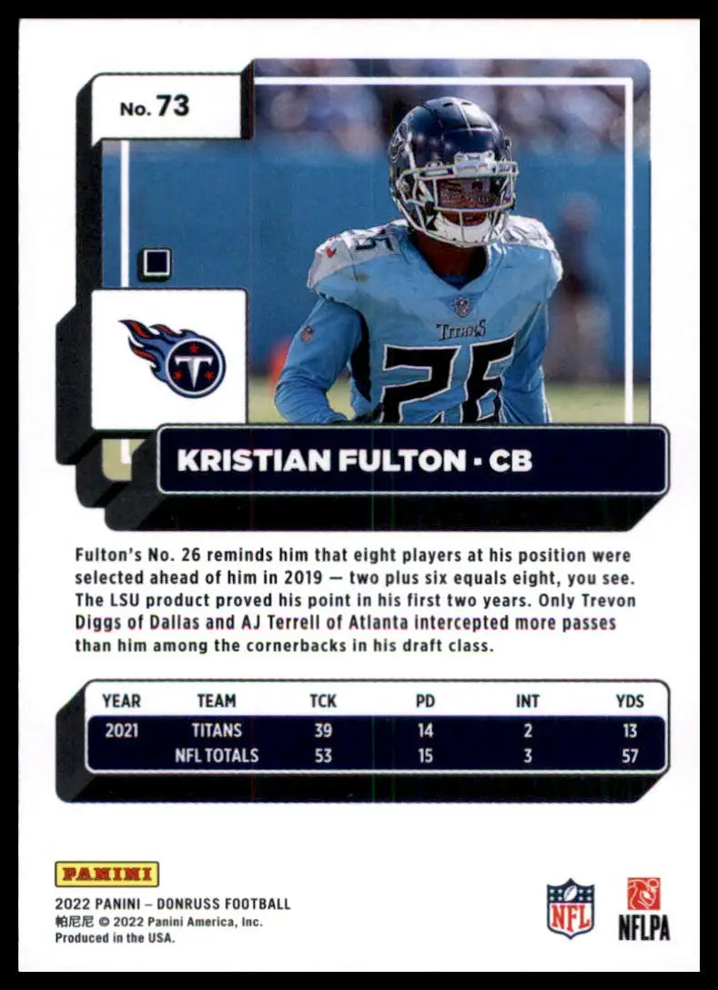 Kristian Fulton football card from 2022 Donruss Titans series displayed in product